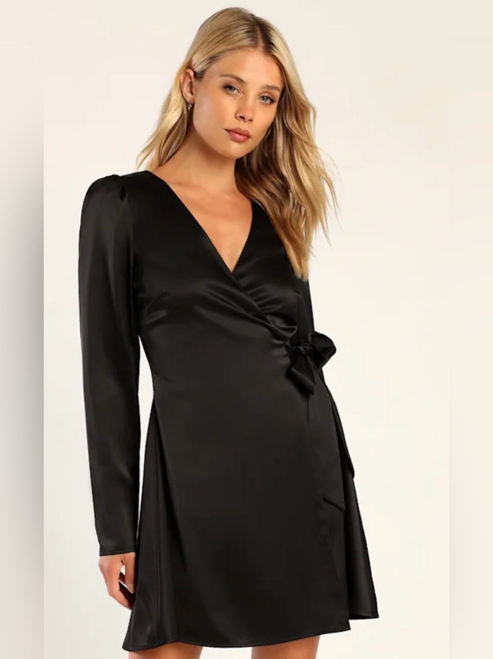 Festive Forever Black Satin Long Sleeve Wrap Mini Dress